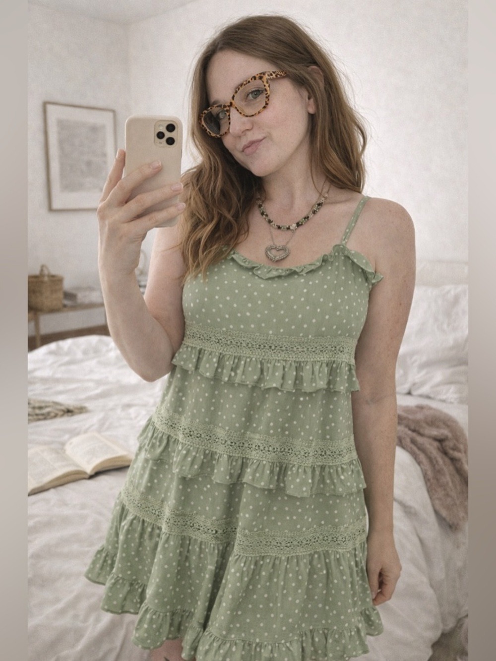 Sage Green Polka Dot Ruffle Dress Size S Cottagecore Lace Trim Mini